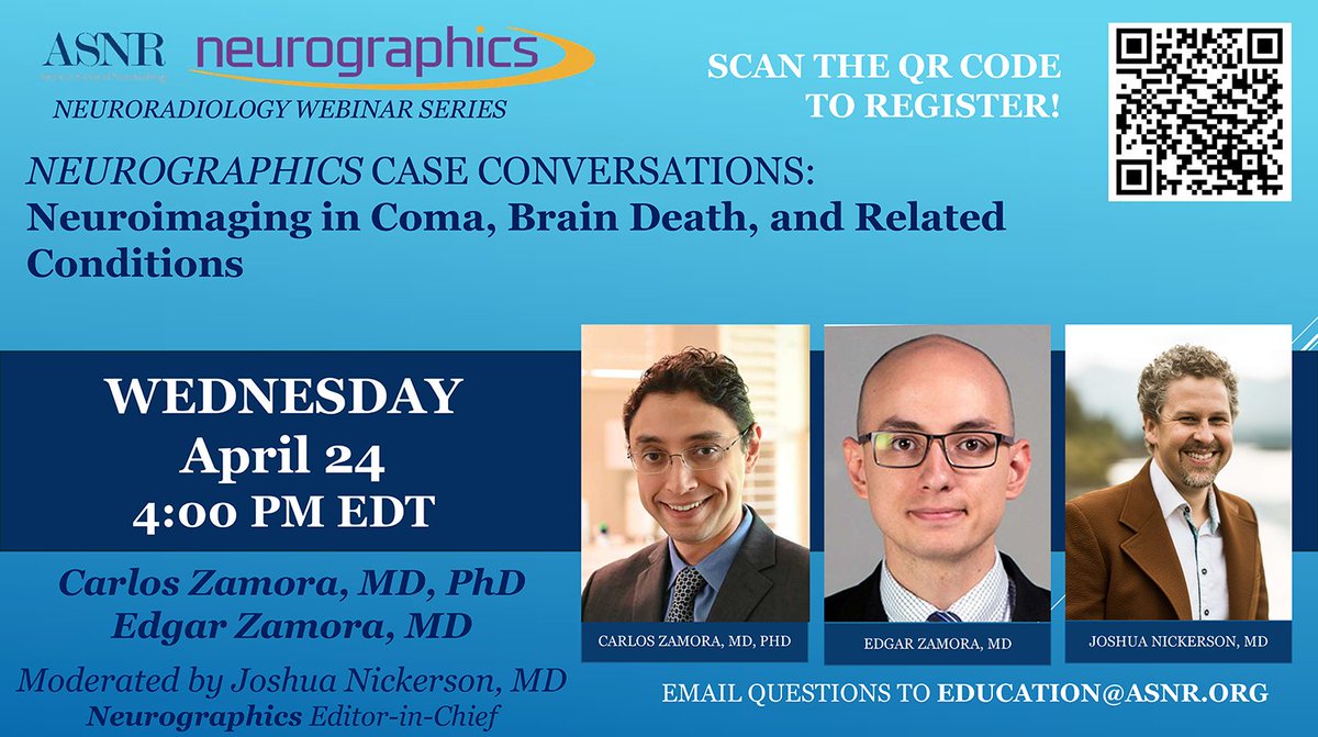 Today's the day! Register & join us for #ASNR's next free webinar today (4/24). Join us at 4:00 pm ET for Neurographics Case Conversations: Neuroimaging in Coma, Brain Death, and Related Conditions. More info and register: ow.ly/z1kb50Rj6iu @neurokinghippo