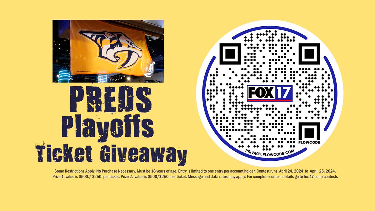 Here is your chance to see and cheer for your playoff Preds live at Bridgestone Arena. Scan this QR code or go to fox 17 dot com slash contests to enter for a chance to receive two tickets to either the Nashville Predators playoff game 3 or playoff game 4 at Bridgestone Arena on