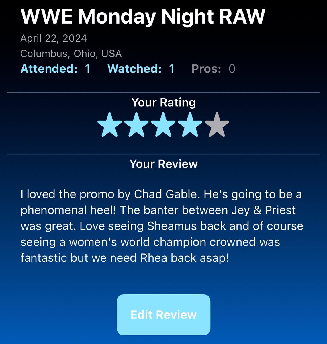 This is an example of a review given to the most recent episode of Raw! Now YOU can rate every single event you watch as a fan using #MyFandom ! What did you think of this week's episode? Have your voice heard now! Select your show, select 'watched', and leave your review! It's