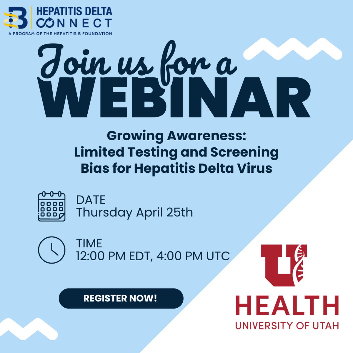 WEBINAR: 📅Thursday, April 25  |  ⏲️12pm ET / 4pm UTC 

🗣️ Hepatitis Delta Connect's spring quarterly webinar will feature Dr. Melodie Weller from the University of Utah School of Dentistry and School of Medicine Department of Pathology. 

REGISTER ➡️ ow.ly/6gO750R6B9O