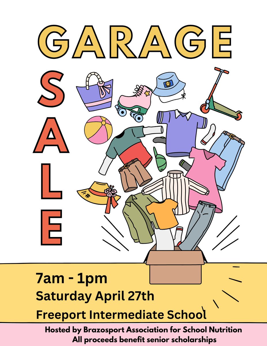 Come out this Saturday 7AM-1PM for a huge garage sale at Freeport Intermediate School hosted by the Brazosport Association for School Nutrition (BASN). All proceeds go toward scholarships for BISD seniors​. Thank you BISD Child Nutrition!! #BISDfamily