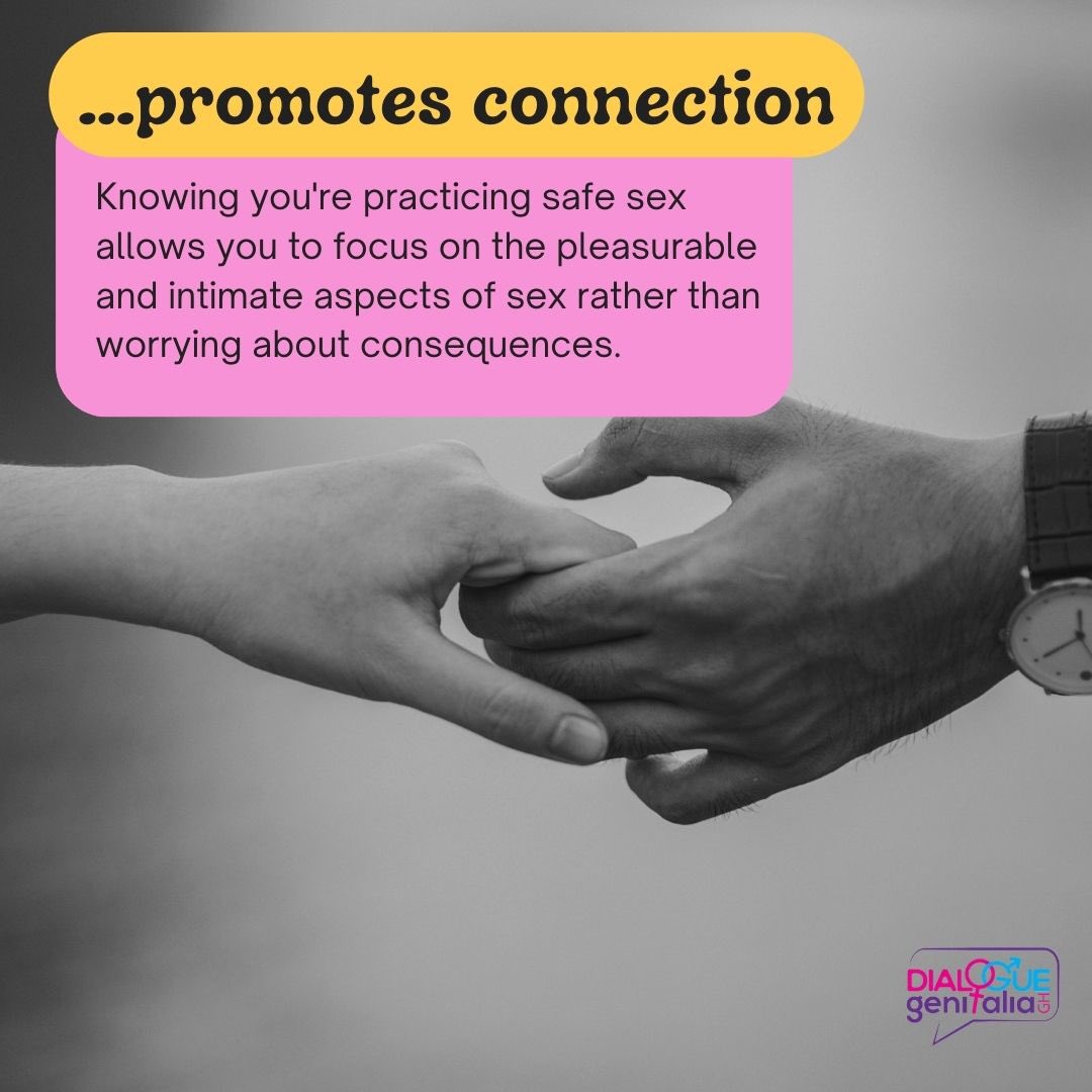 Safe sex isn't just about protection. It is key to building trust and strengthening connections between partners in a relationship. 

#Sexual_Health
#Safesex
#HealthyRelationships
#dialoguegenitaliaghana
#DGG