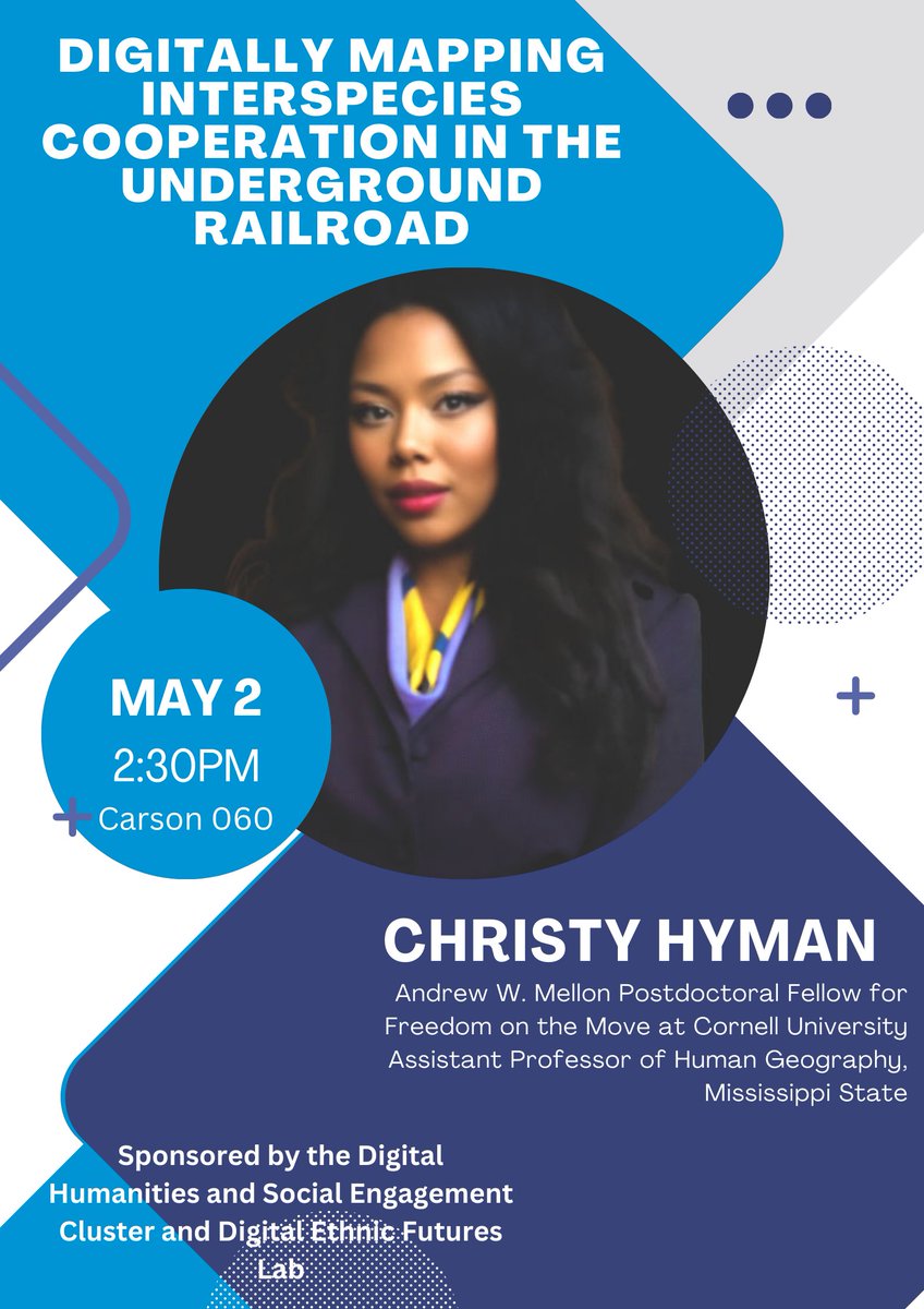 I'm very excited that @Christy_SpaceHW will be coming to @dartmouth for a talk on 'Mapping Interspecies Cooperation in the Underground Railroad' on 5/2 at 2:30pm in Carson 060! We can't wait to welcome you to the green place, Dr. Hyman!