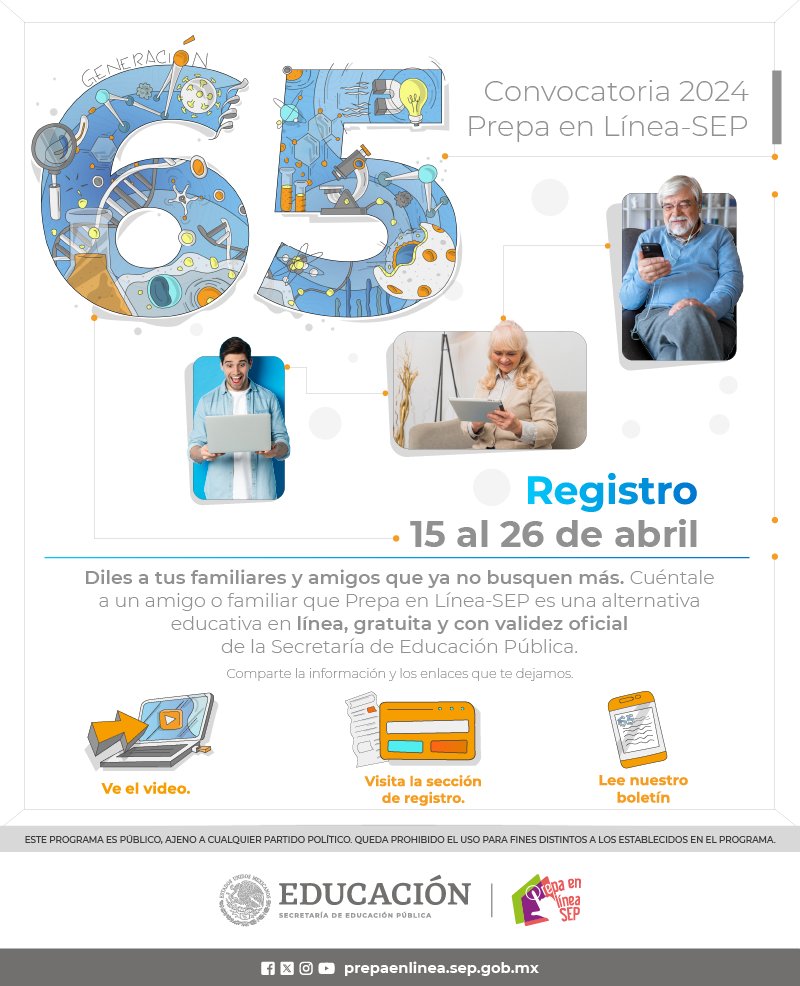 No olvides que tienes hasta este 26 de abril para registrarte a la convocatoria para realizar la  prepa en Línea - SEP  Generación 65.

Dicha convocatoria puede ser consultada en el siguiente link: prepaenlinea.sep.gob.mx/convocatorias-…

#PrepaEnLíneaSEP  #EducaciónADistancia #EducaciónIME