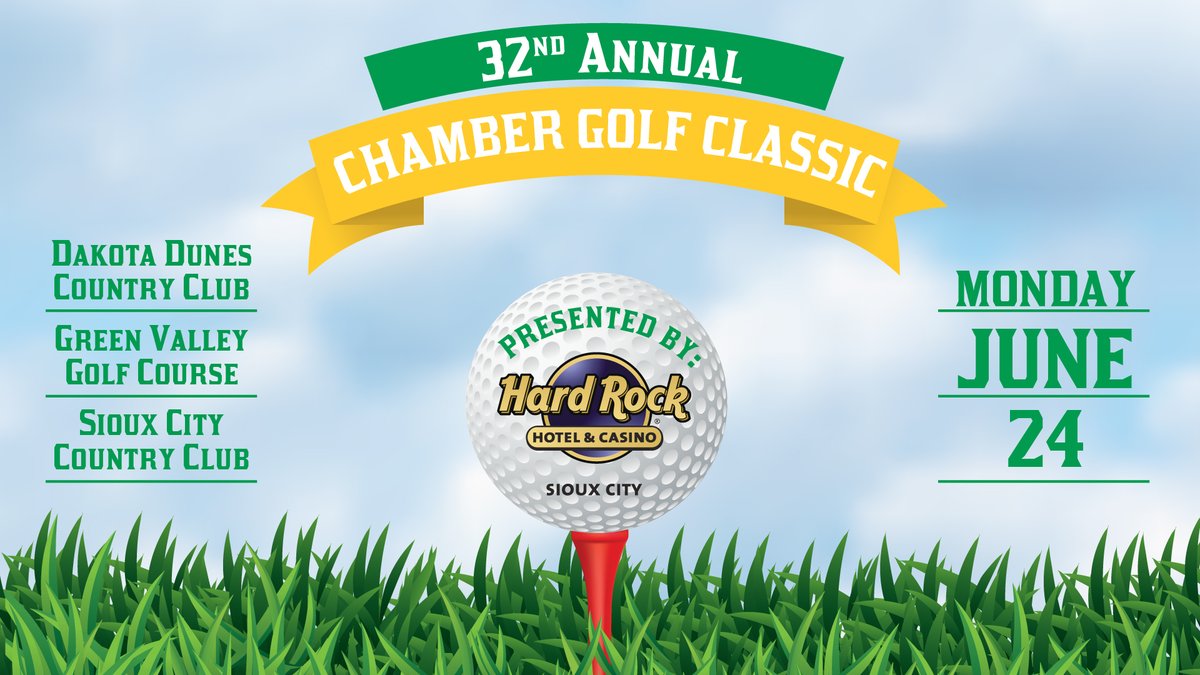 Registration is now open for the 32nd Annual Siouxland Chamber Golf Classic. Register now at siouxlandchamber.com. Monday, June 24, 2024 Dakota Dunes Country Club Green Valley Golf Club Sioux City Country Club