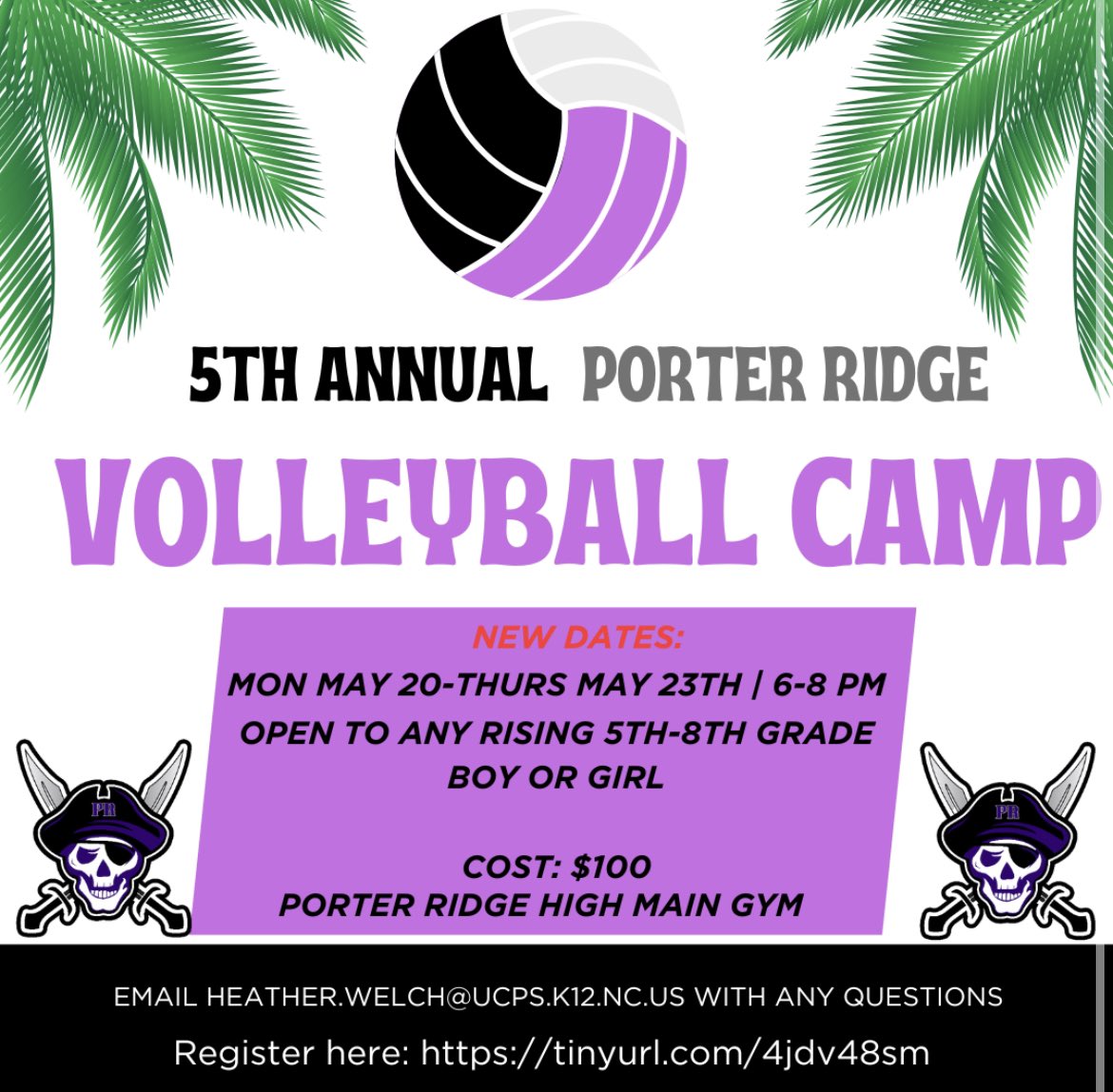 NEW DATES ‼️Attention middle school girls and boys ‼️It’s time to sign up for volleyball camp!!! Who: Rising 5-8th graders (any school, you don’t have to go to PR) When: May 20, 21, 22, 23 from 6-8pm Cost: $100 & at Porter Ridge HS main gym Link: tinyurl.com/4jdv48sm