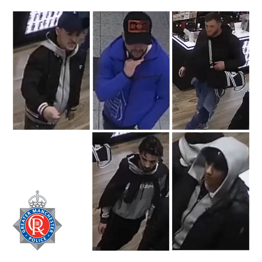 #APPEAL | We want to speak to these men in relation to the theft of £1285 worth of items from The Perfume Shop in Manchester Arndale Shopping Centre on 12/04/2024 at 5:15pm. Any information? Call police on 101, quoting Log 2712 of 12/04/2024 or via @crimestoppersuk