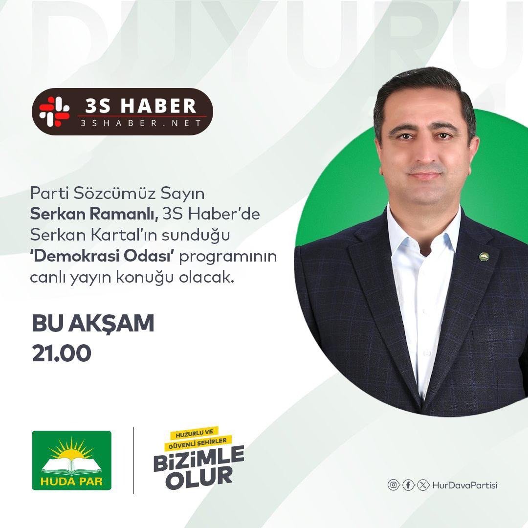 Parti Sözcümüz ve Batman Milletvekilimiz Sayın Serkan Ramanlı, bu akşam saat 21.00’de 3S Haber’de Serkan Kartal’ın sunduğu ‘Demokrasi Odası’ programının canlı yayın konuğu olacak.