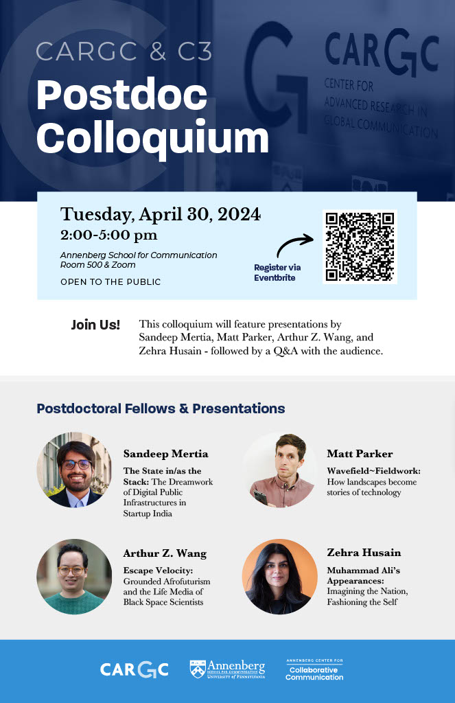 Next Tuesday (4/30): please join us for a CARGC & C3 Postdoc Colloquium and Q&A with Sandeep Mertia @SandeepMertia, Matt Parker @earthkeptwarm, Arthur Z. Wang, and Zehra Husain @ZehraHusain. Learn more and register: asc.upenn.edu/news-events/ev….