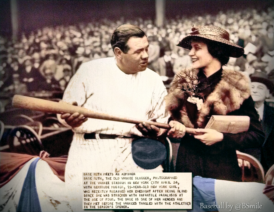 90 Years Ago Today: New York #Yankees star Babe Ruth meets Gertrude Musier at Yankee Stadium. The 19-year-old NYC woman recently regained her eyesight after being blind since she was stricken with infantile paralysis at the age of four! (April 24, 1934) #MLB #Baseball #History