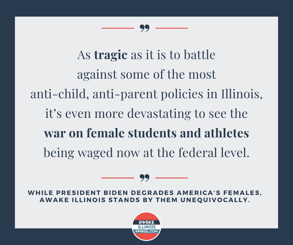 Awake_IL's tweet photo. We are proud to join 43 orgs on the SAVE effort to defend #TitleIX. While President Biden @POTUS degrades America’s females, @Awake_IL stands by them unequivocally.
https://t.co/tPziqv2jYE https://t.co/dpUuXc7KYJ
