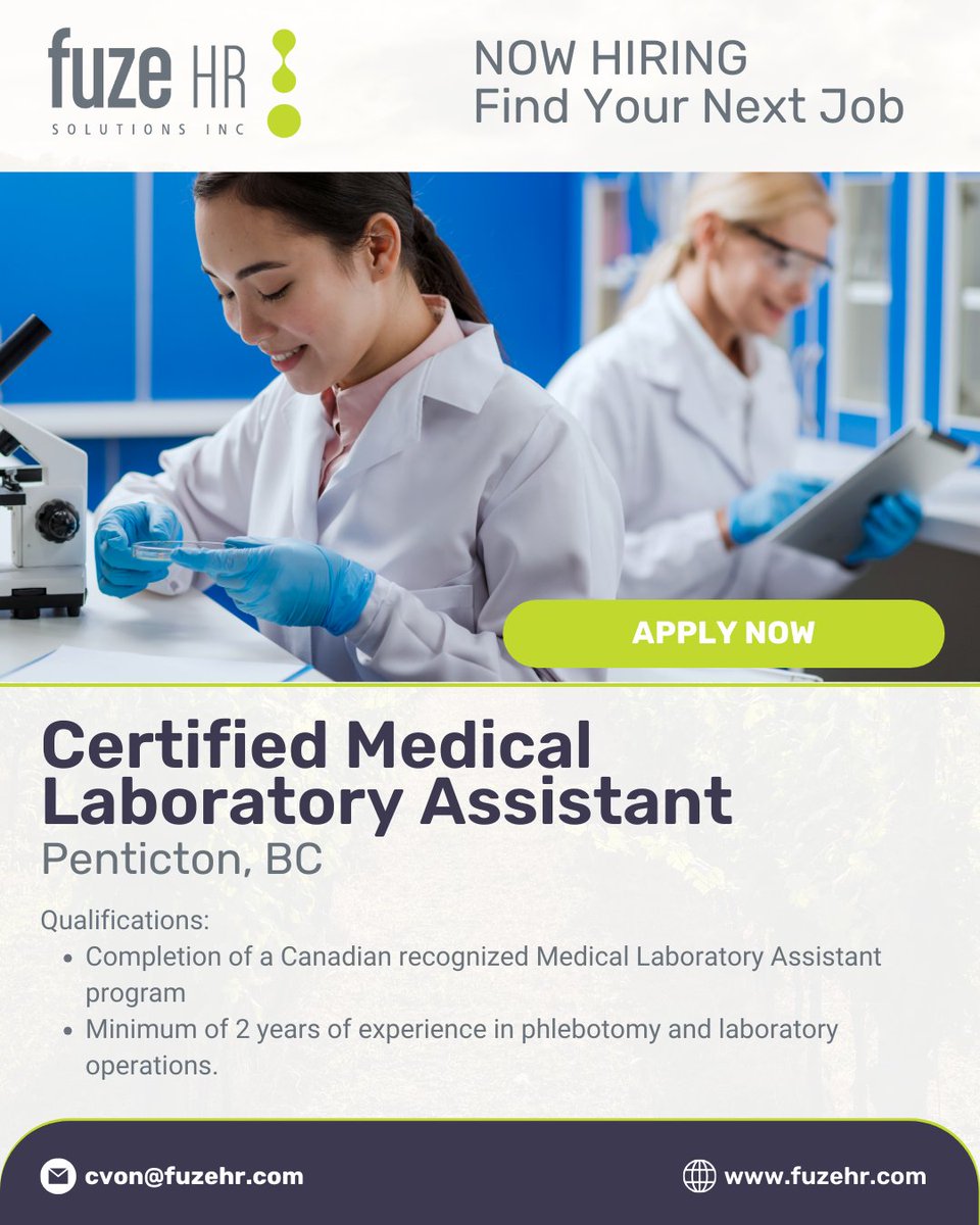 FuzeHR's tweet image. We are currently seeking a Certified Medical Laboratory Assistant in Penticton, BC. 

Find out more here: ow.ly/BIvq50RlA55 

#medicallaboratoryassistant #labassistant #CMLA #phlebotomy #penticton #bc #britishcolumbia #canada #jobs #career  #recruitment #staffing #agency