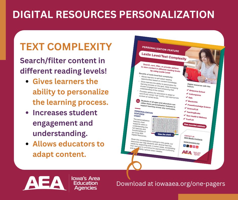 AEA Digital Resources offer personalization features for students to accelerate their learning at their own pace! Materials can be sorted or filtered at the appropriate lexile level/text complexity. Learn more at iowaaea.org/one-pagers . #IAedChat #DigitalResources