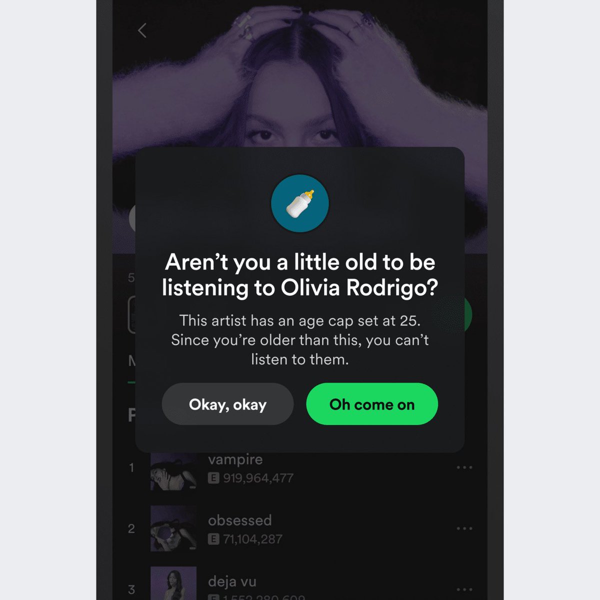 soren_iverson's tweet photo. Spotify "age cap" means you can't listen to some artists if ur too old https://t.co/ghMo1wmlDG