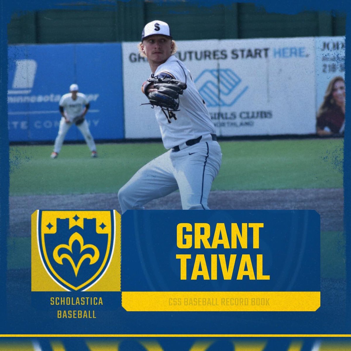 cssbaseball's tweet photo. IN THE RECORD BOOKS! 📚 

Grant Taival moves into 6th place all time in CSS baseball history with 187.2 IP

Jake Schelonka moves into 8th place all time in doubles with 43. He also moves into 8th all time in HR’s with 16. 

⚜️⚜️⚜️. https://t.co/ednfTStywb
