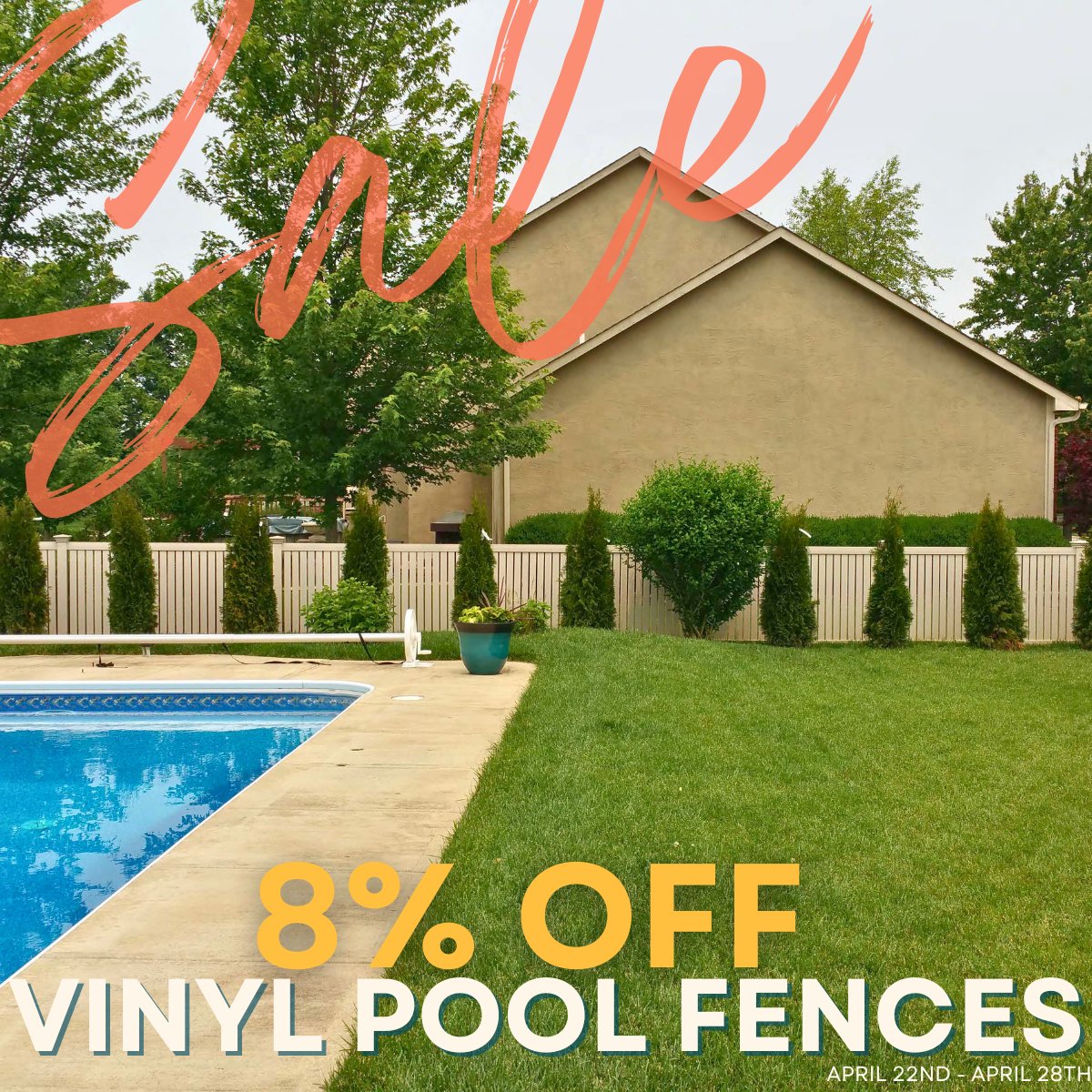 We're celebrating #NationalPoolOpeningDay with an exclusive vinyl pool fence #sale!☀️

From now until April 28th, enjoy 8% off on all vinyl pool fences. 
Don't miss out on this limited-time offer to make a splash and save!
ow.ly/sakg50RmcgW
