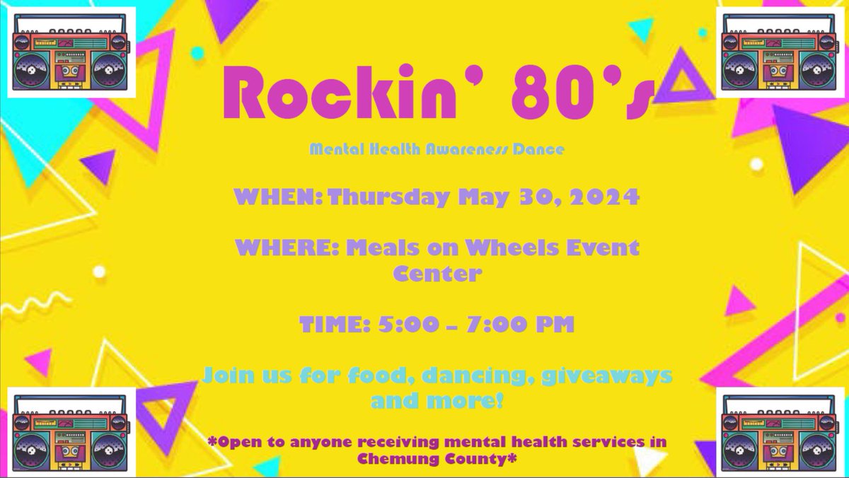 Family Services, Catholic Charities, and the Social Connection are pleased to present the Annual Mental Health Awareness Dance! Join us on 5/30/24 at the Meals on Wheels Event Center! No RSVP is necessary. Open to anyone receiving mental health services in Chemung County.