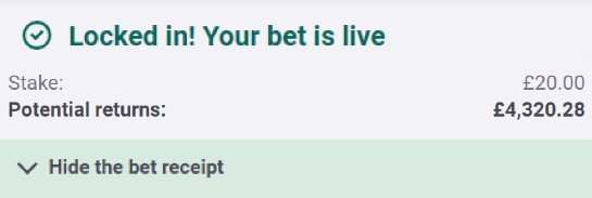 🚨 216/1 LONGSHOT BET BUILDER IS READY!

• £20 returns £4,320
• Fully researched
• Won a 20/1 bet builder after 8 minutes yesterday

SMASH LIKE ♥️ if you want a look.