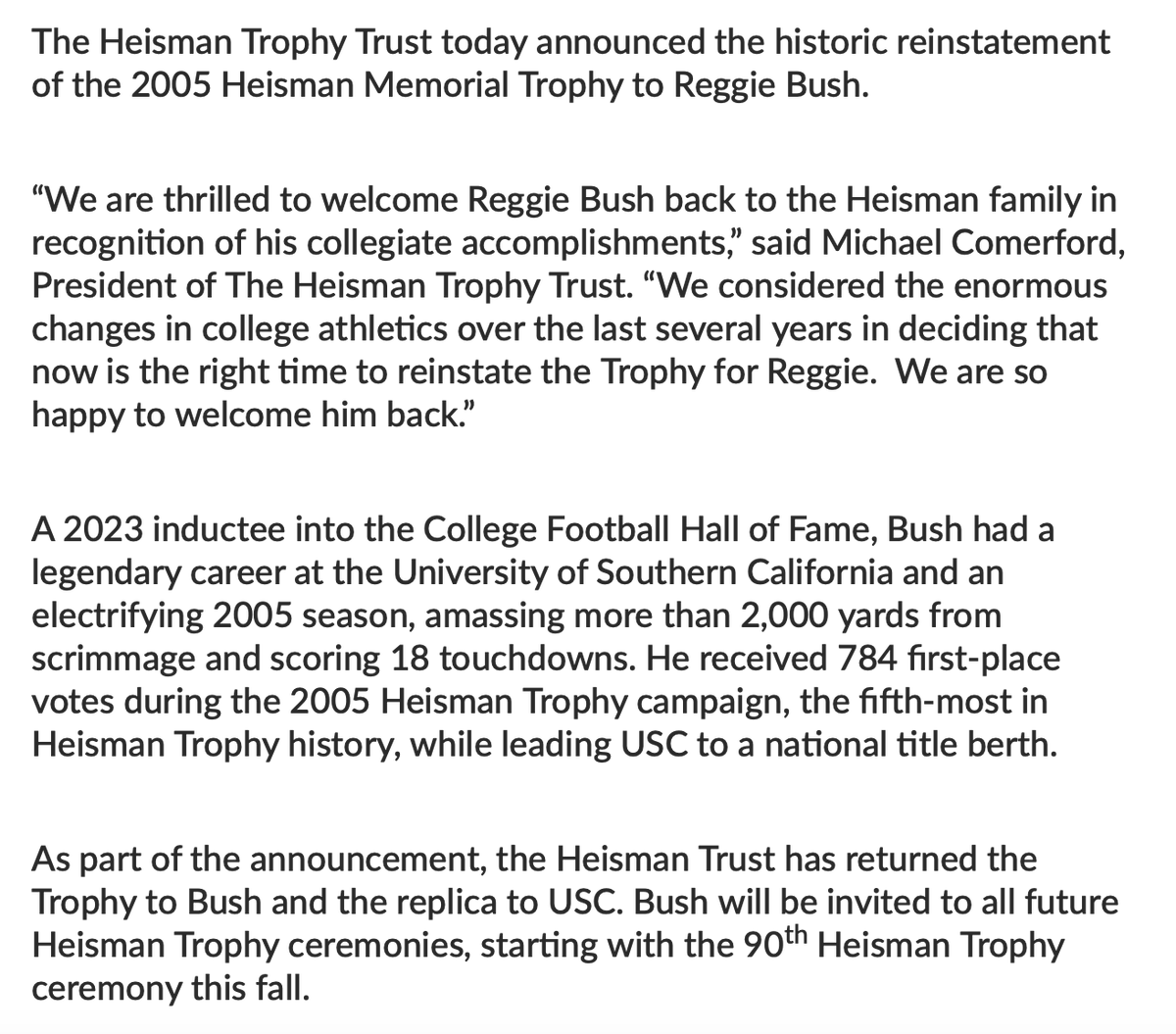 Official statement from Heisman Trophy Trust on reinstating Reggie Bush's 2005 Heisman.