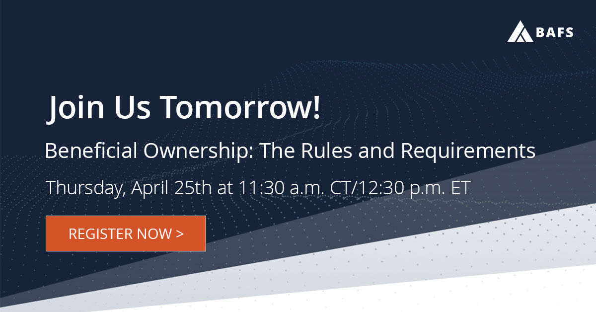 Join us tomorrow for a virtual presentation on all things beneficial ownership! Register here if you haven't already: hubs.la/Q02tQFBw0

#CommercialLending #FinancialInstitutions #Bankers
