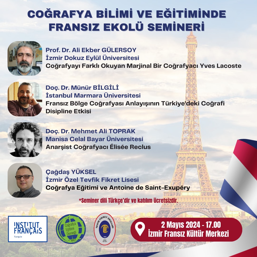 TCED2017's tweet photo. Coğrafya Bilimi ve Eğitiminde Fransız Ekolü Semineri
02 Mayıs 2024 Perşembe, 17.00
İzmir Fransız Kültür Merkezi https://t.co/8gqW73KM0K