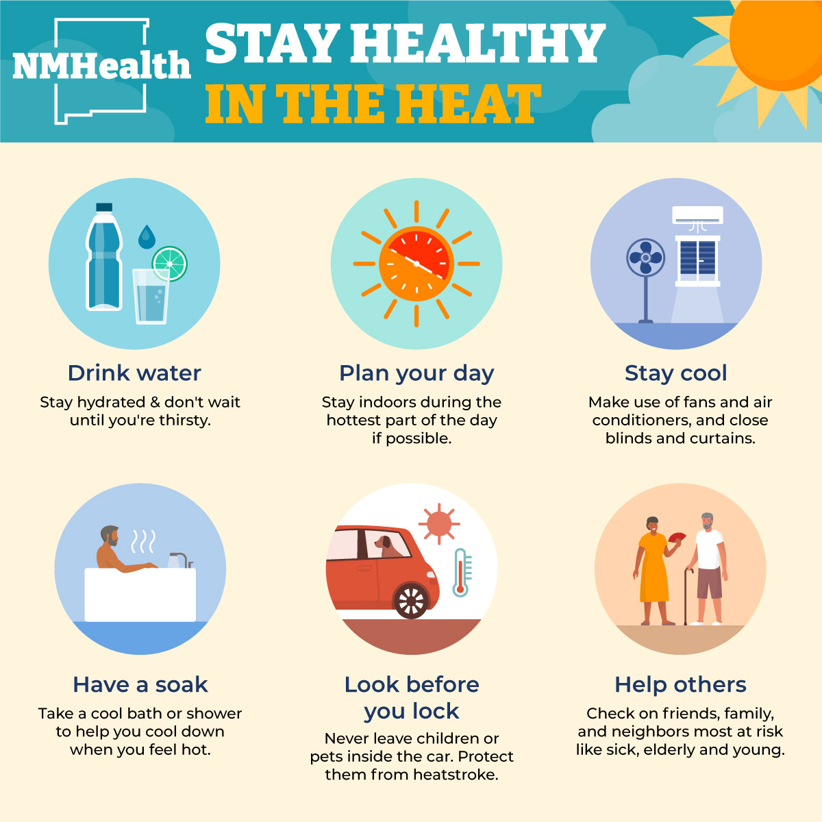 As we’re seeing warming temperatures across New Mexico, let’s stay healthy in the #heat by taking precautions to prevent heat-related illness. Learn how to recognize and treat heat-related illness at nmtracking.doh.nm.gov/health/climate…