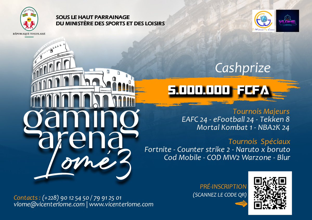 OctaveMarley's tweet photo. Que les meilleurs gagnent ! 🏅Le *Gaming Arena Lomé* revient en force pour tous les passionnés de jeu vidéo du Togo et d'ailleurs!

C'est votre chance de montrer vos compétences, de vous surpasser et de vous mesurer aux meilleurs joueurs de notre grande communauté. https://t.co/Rmfvl7MBus
