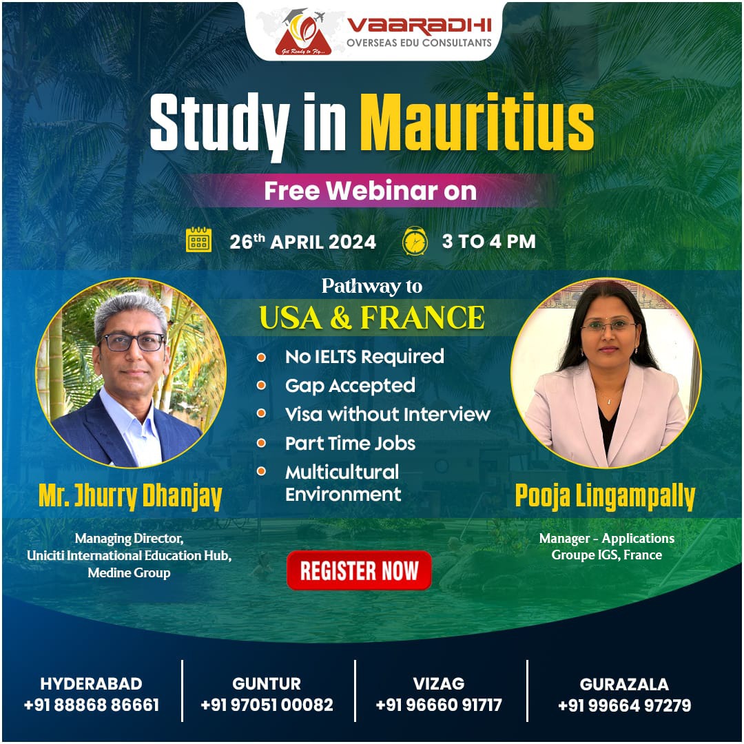 Explore your study options in Mauritius! Join our free webinar on 26 April 2024 from 3 to 4 pm. Discover pathways to #France & USA, with no #IELTS required and gap years accepted.

For More Information
🌐 vaaradhioverseas.com

#VaaradhiOverseas #Mauritius #StudyInMauritius