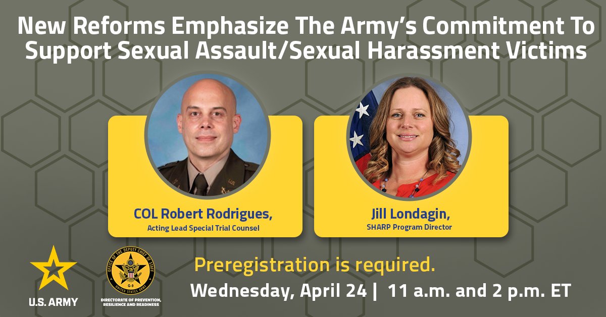 Join us TODAY for our latest webinar, “New Reforms Emphasize the Army’s Commitment to Support Sexual Assault/Sexual Harassment Victims” with Col. Robert Rodrigues and Jill Londagin. 📅Thursday, April 24 🕒11 a.m. or 2 p.m. ET Join the conversation! armyresilience.army.mil/ard/webinar.ht…