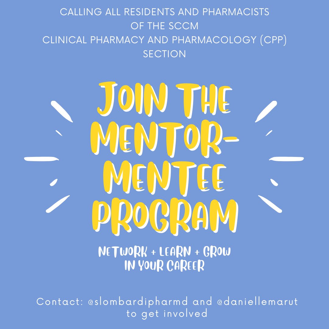 Interested in networking and receiving guidance on your career path? Join the CPP Mentor-Mentee Program to network 👥, learn 🧠, and grow ↗️ in your career! To sign up 📝 as a mentor or mentee, contact @slombardipharmd and @daniellemarut #PharmICU