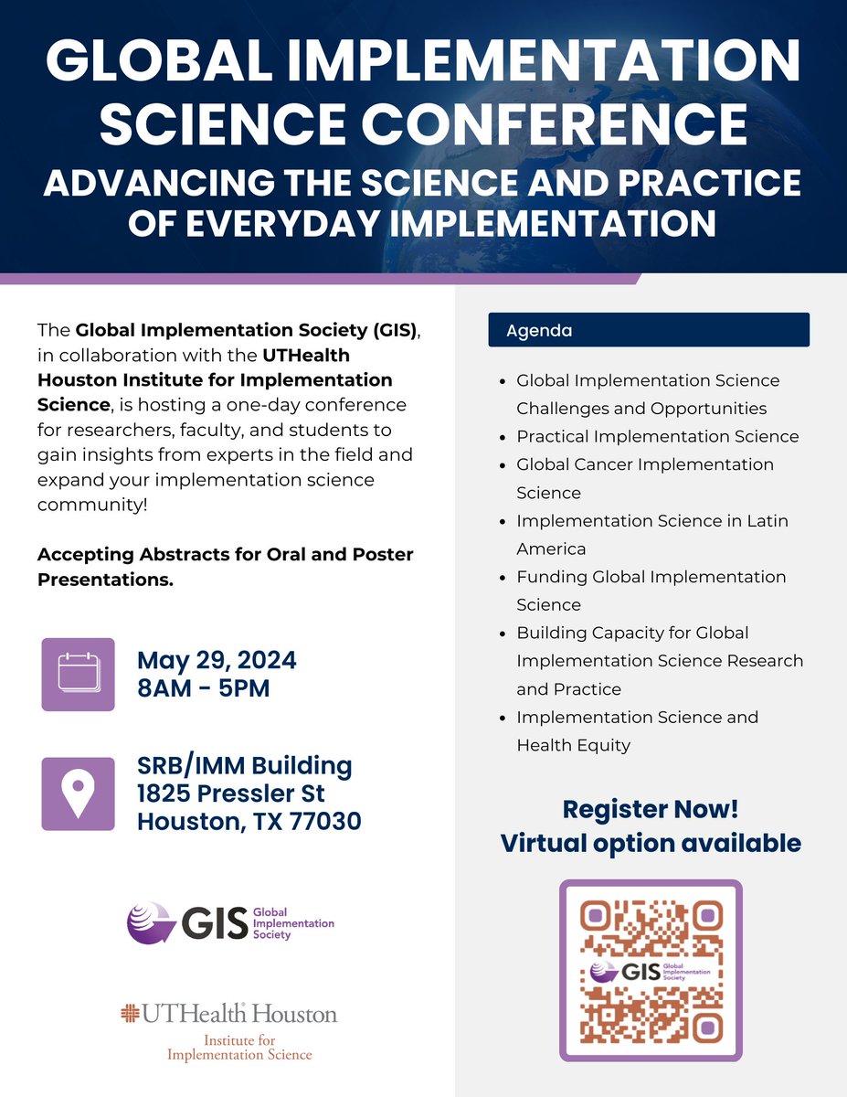 Join us on May 29th in Houston or online for the Global implementation Science Conference! This is a great opportunity to gain insight from experts in the field and expand your implementation science community! @GlobalImplement loom.ly/j8AfCHM