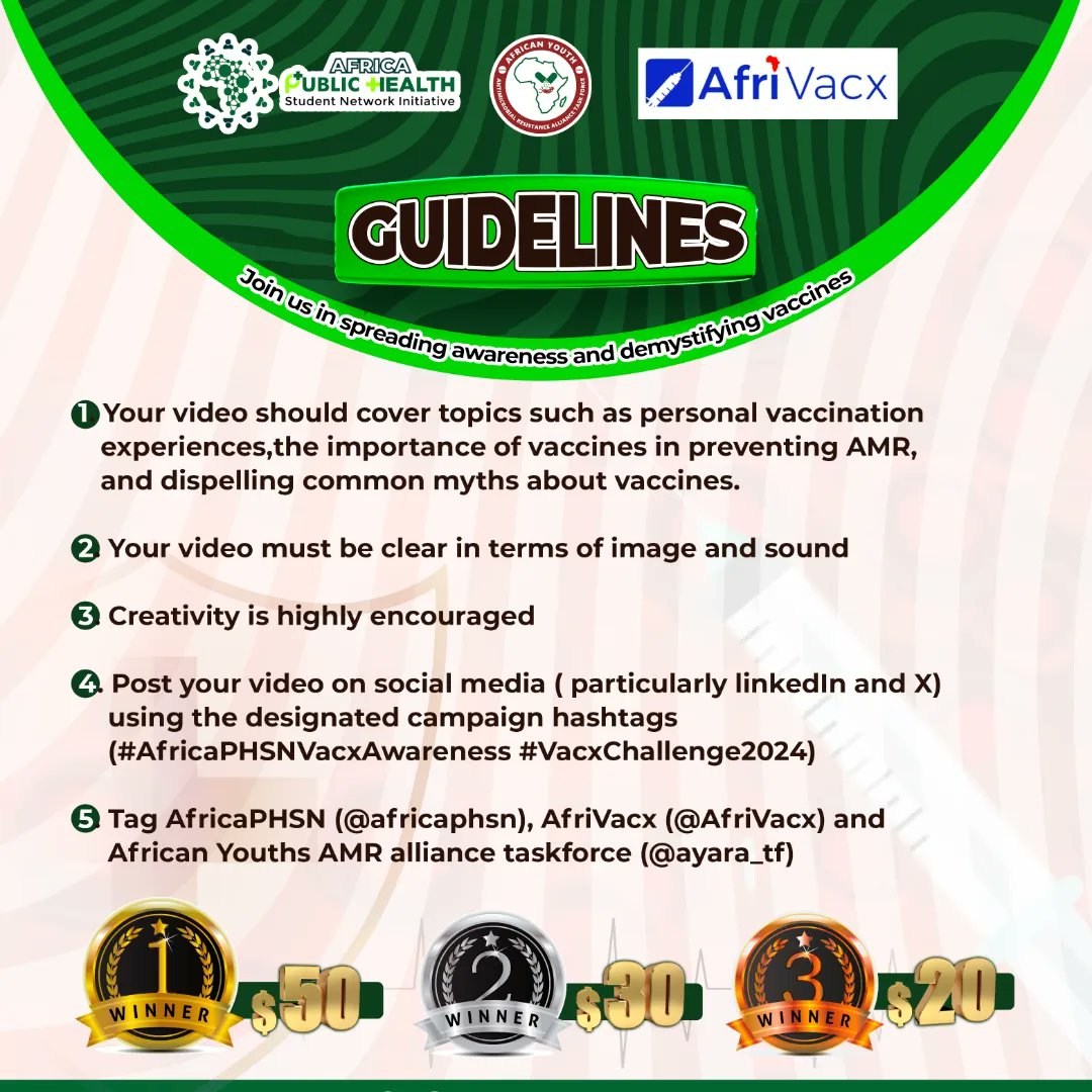 Afrivacx's tweet photo. #WorldImmunizationWeek
The challenge will run from the 24th - 30th of April, and the Top 3 entries will get the #Vacx prizes.
The guidelines for the entities are as indicated in the post! https://t.co/rnyL6MlzNp