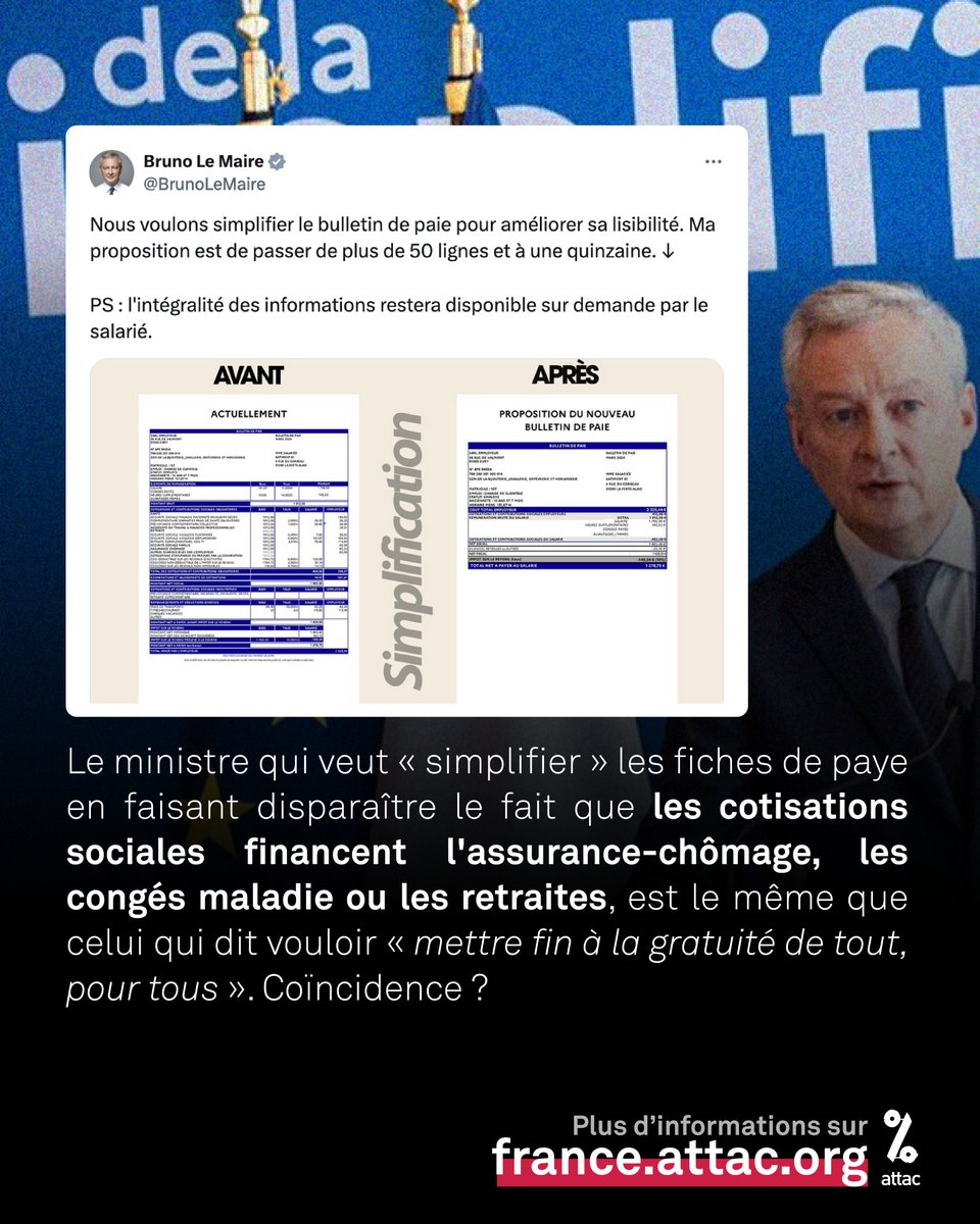 attac_fr's tweet photo. . @BrunoLeMaire veut «simplifier» les fiches de paye en faisant disparaître le fait que les cotisations sociales financent l'assurance-chômage, les congés maladie ou les retraites, est le même que celui qui dit vouloir «mettre fin à la gratuité de tout, pour tous».
Coïncidence ?" https://t.co/3QHCquhzB2