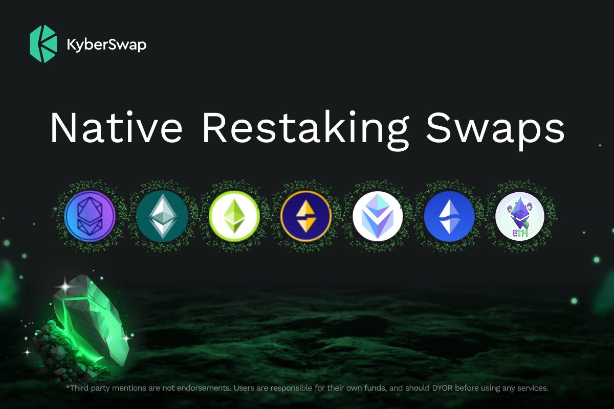 KyberSwap now supports Native Restaking Swaps for Leading LRTs! 🔥

Swap to Liquid Restaking Tokens (LRTs) with zero slippage or with a premium thanks to our integration with major native restaking contracts.

KyberSwap has integrated Native Restaking contracts of the top LRTs on