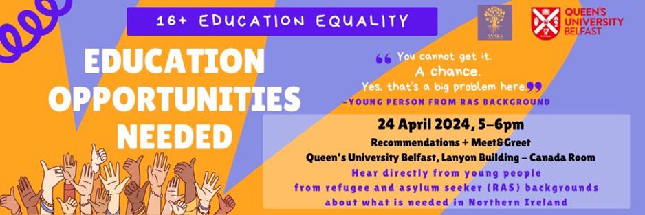The @AnakaCollective 16+ Education Equality campaign will be showcasing the views of young people in the asylum system this evening at @QUBelfast 📚 Young people in the asylum system are not receiving the same access to education in NI as their peers in the rest of the UK.