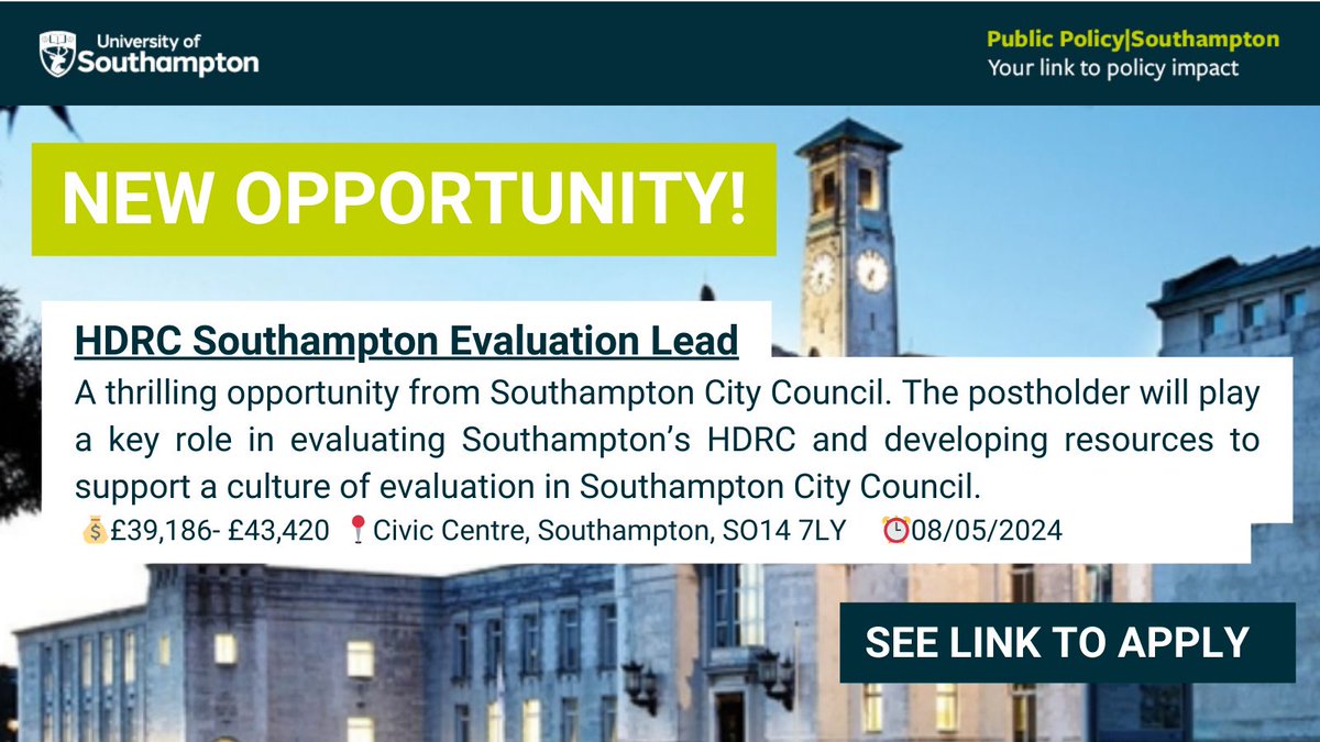 💼 Job Opportunity: HDRC Southampton Evaluation Lead Join @SouthamptonCC and play a key role in evaluating! You will work closely with stakeholders and develop a framework for evaluating SCC projects and programmes. 👉Apply here: buff.ly/3WgcHKO #JobOpportunity #Policy