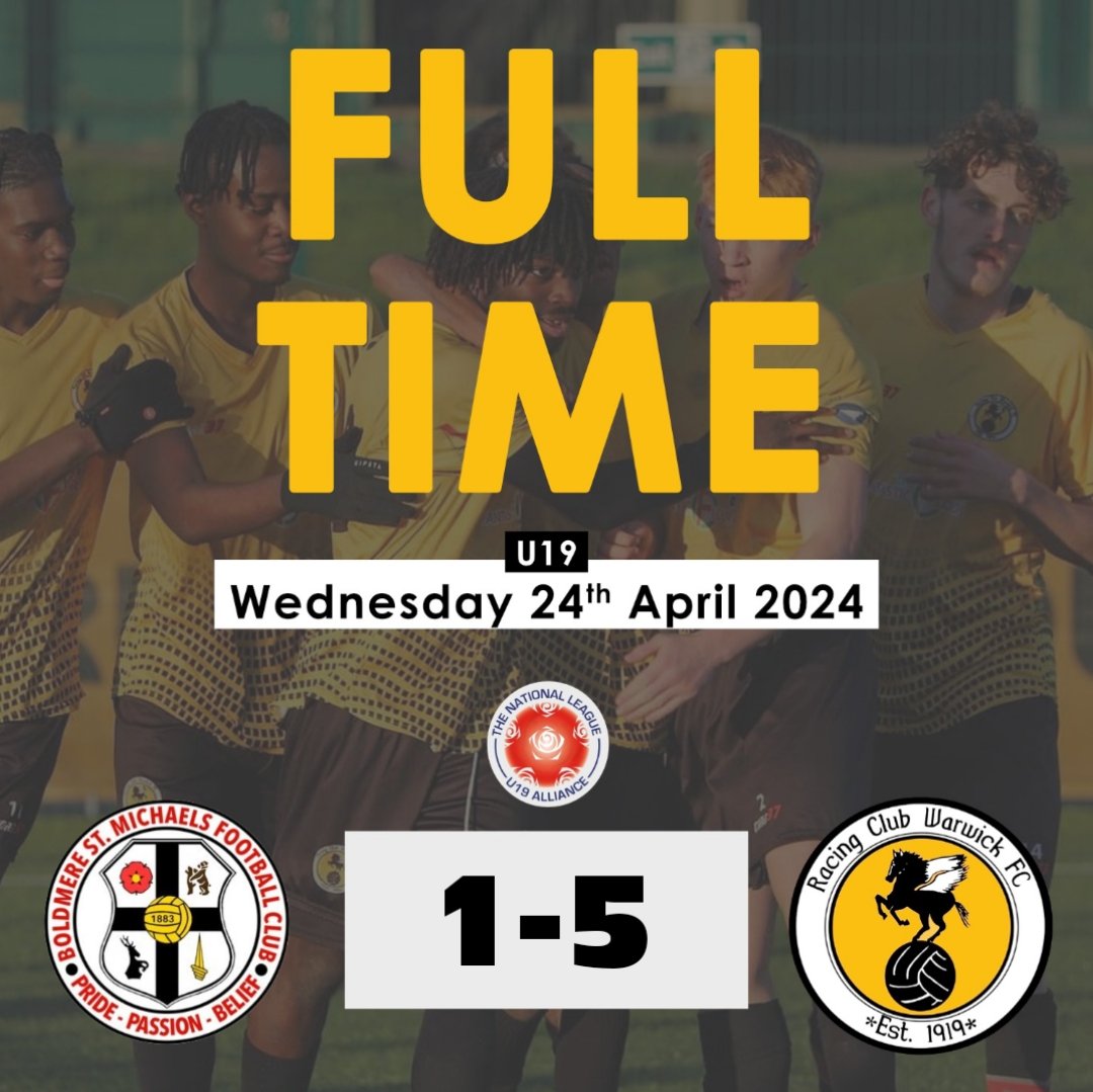 FULL TIME: 
Boldmere St Michaels 1-5 Racing Club Warwick U19

U19s finish the season in style 

Goal:
L.Kouakou ⚽️⚽️
M.Mukaba ⚽️
F.Nidjebu ⚽️
F.Alberghini ⚽️

#UTR