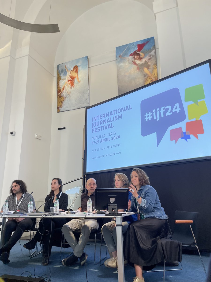 Thank you to everyone who engaged with us in our panel discussions at @journalismfest last week. CPJ's @jodieginsberg @behlihyi @CatitaTurri and Doja Daoud spoke in panels about elections, the Israel-Gaza war, and resilience in exile. Find some photos by Doja Daoud below.
