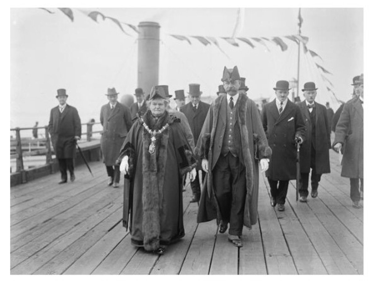 April 24, 1924: Britain’s first open-sea train ferry, from Harwich to Zeebrugge, Belgium, begins service. The vessel takes eight to 10 hours to cross the English Channel. The lord mayor of Harwich, Lucy Hill, walks the pier at the ceremonial opening.