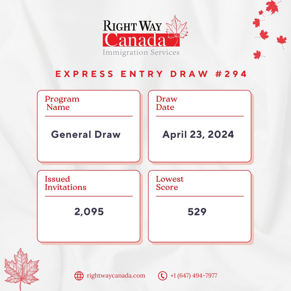 NEW DRAW ANNOUNCEMENT: A new round of invitations has been sent to qualifying candidates in the Express Entry pool! 

 #Canada #CanadaVisaConsultant  #PRcanada #IRCC #PermanentResidency #ImmigrationConsultant  #ExpressEntry #ExpressEntryCanada #ExpressEntryDraw