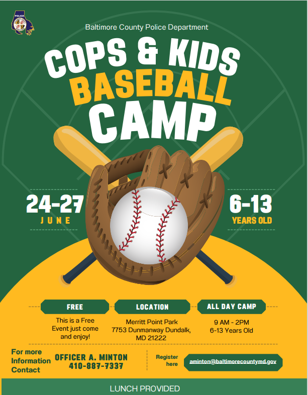 ⚾#BCoPD's Cops & Kids Baseball Camp is back! Children ages six to 13 are invited to register for the free camp, which takes place from 9 a.m. to 2 p.m. June 24 to 27 at Merritt Point Park in Dundalk. Questions? Call 410-887-7337. #baseball #summer #baltimorecounty