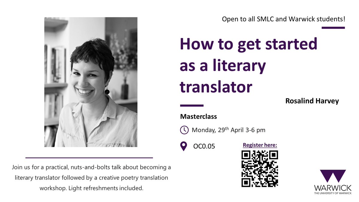 Masterclass: How to get started as a literary #translator Join us next week on campus to learn about the academic and professional realities of literary #translation with @Rosenkrantz Monday, 29th April at 3-6 pm Sign up here forms.office.com/e/pg91Mbumi7