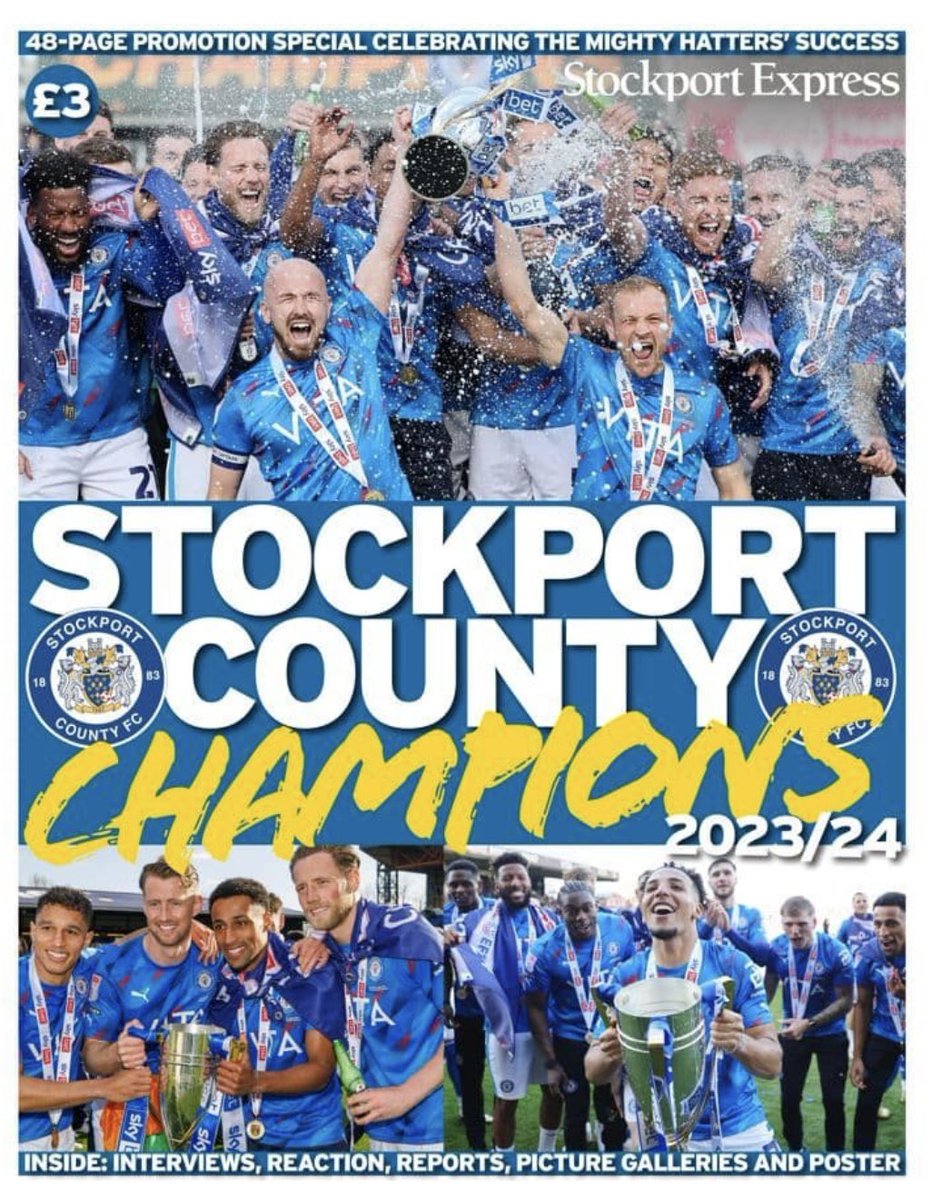 Putting together a huge #stockportcounty promotion/title-winning special for the Stockport Express. 🎩🗞️ 48 pages, all original and exclusive content - interviews, features, galleries, posters etc. Available from 15 May but can be pre ordered below. 🫡 shorturl.at/dosv6