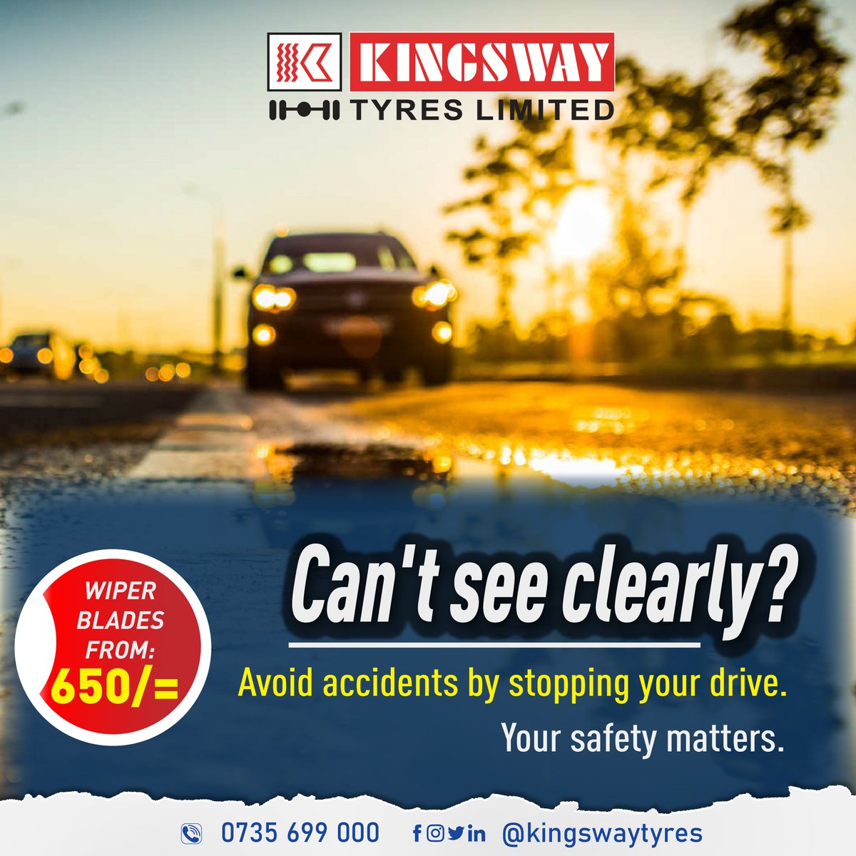 Keep your vision crystal clear for a safer journey on the road! Whether rain or shine, clear vision is essential for safe driving. Don't let anything blur your focus behind the wheel.

CALL/WHATSAPP: 0735 699 000
#kingsway
#cars
#tyres
#safetytips