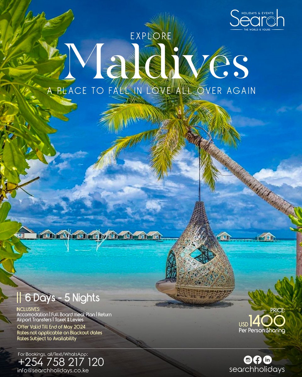 Escape to Paradise in the Maldives - Indulge in Luxury for Just $1400 per Person! Experience Blissful Serenity and Unmatched Elegance with Search Holidays. 🌊✨

#MaldivesGetaway #LuxuryEscape #SearchHolidays