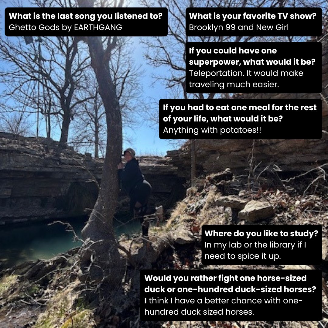 Our current #BioShox Spotlight is MS student Tiffany Bass. Doing research with Dr. Leland Russell, Tiffany pursued biology because it combined her passion of being outdoors with her love of learning. Way to go, Tiffany!🌾🥾🌳

@wichitastate
@FairmountWSU

#BecomeMore