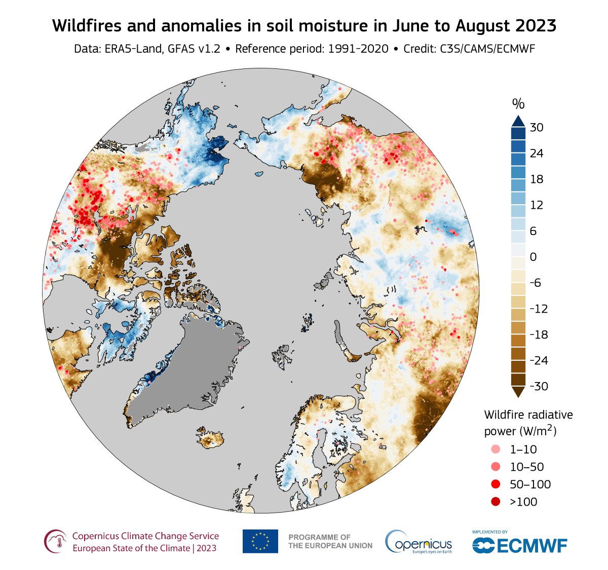 🔥Total wildfire carbon emissions from the sub-Arctic & #Arctic regions were the 2nd highest on record in 2023. Most high-latitude #wildfires occurred in Canada between May–September 🚨 New data from @CopernicusECMWF & @WMO in the European State of the Climate #ESOTC #ESOTC2023