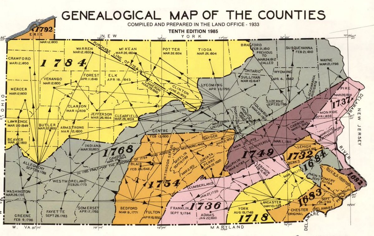 This will always be one of my favorite maps of Pennsylvania. The 'Peaceable Kingdom Lost' is clear here after 1718, as is the French & Indian War of 1754-63. Pennsylvania was, in many ways, THE entrance point to the American West from the 1730s onward. phmc.pa.gov/Archives/Docum…