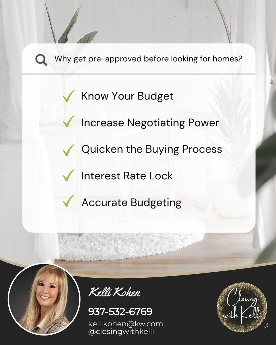 Thinking of home buying? Begin with mortgage pre-approval to streamline your search and strengthen your buying power. Ready to start? Reach out today!

#realestate #agent #homebuying #mortgage #preapproval #homebuyingtips #Kwadvisorsdayton #closingwithkelli #locallove