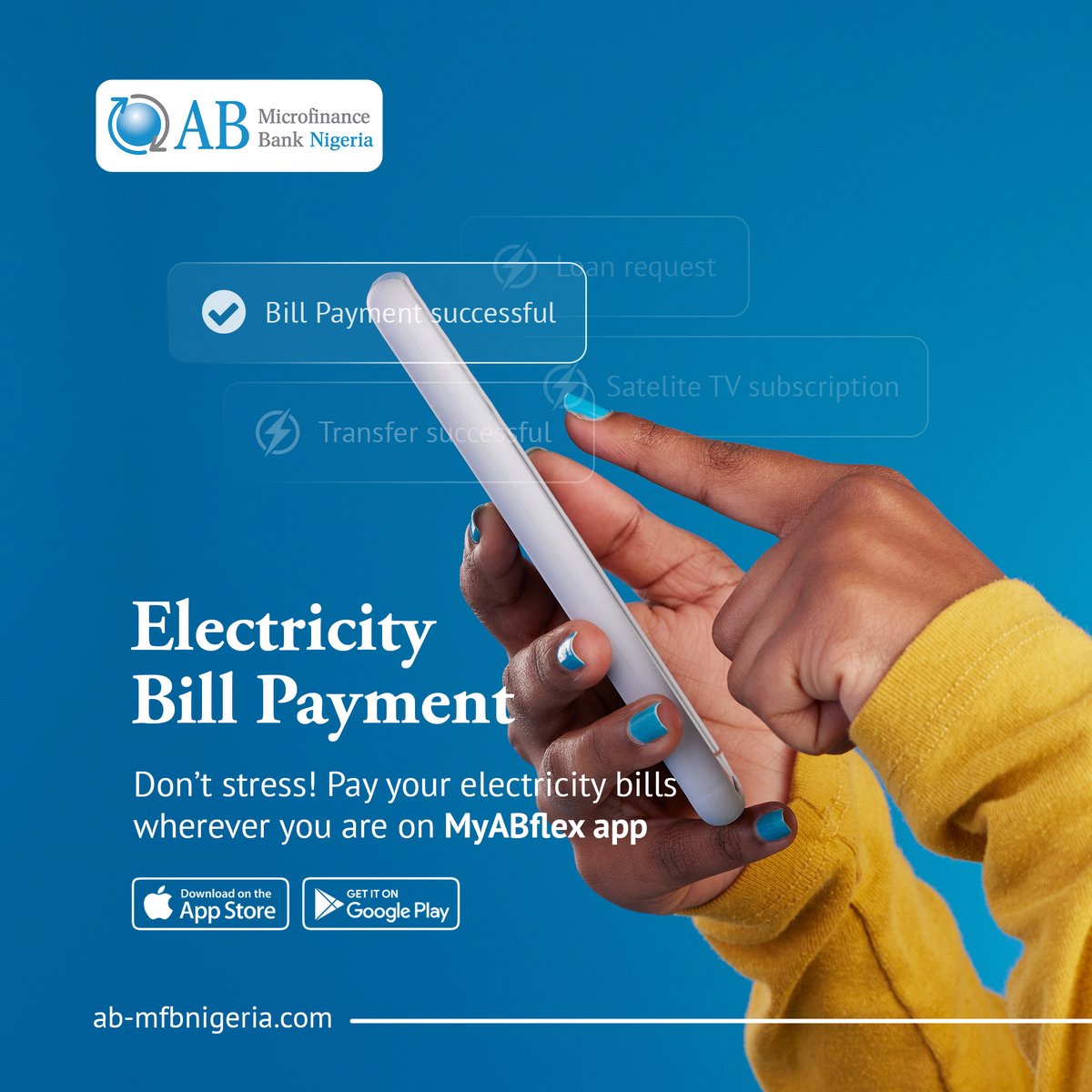 ABMFBNIGERIA's tweet photo. Paying your electricity bills is now made easy on our app
Download myABflex today and access convenience at your fingertips.
#abmfbng #payelectricbills #myabflex #youraccesstopossibilities https://t.co/lektQnQshA
